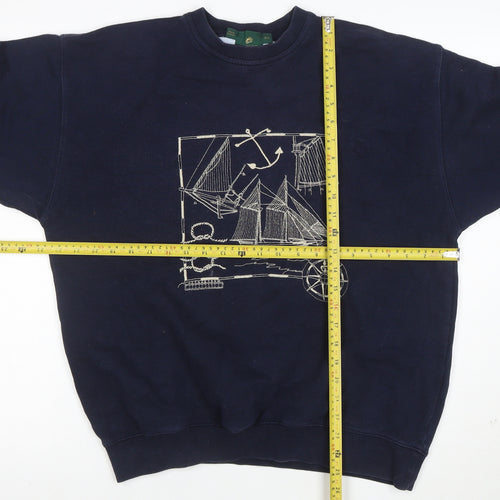 Jumpers Men Blue Cotton Nautical Embroidered Crew Neck Sweatshirt M