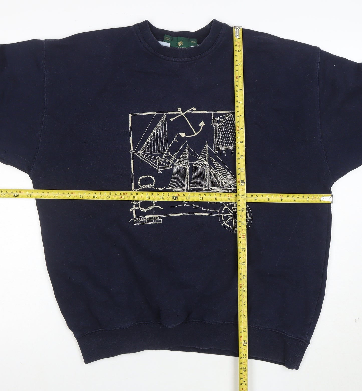 Jumpers Men Blue Cotton Nautical Embroidered Crew Neck Sweatshirt M