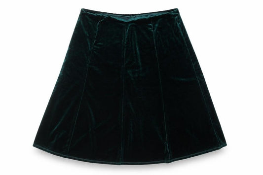 Front view of Julipa women’s green velvet a-line midi skirt, size UK 18, stretch