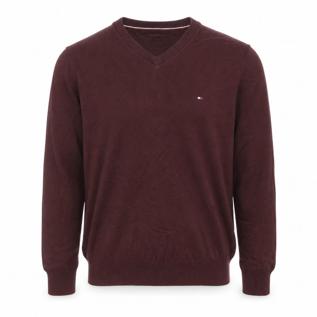 Front view of Tommy Hilfiger Men’s Brown Cotton V-Neck Jumper, size S