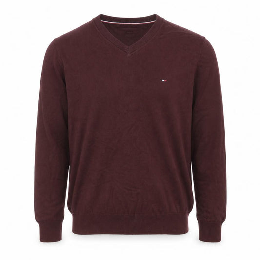 Front view of Tommy Hilfiger Men’s Brown Cotton V-Neck Jumper, size S