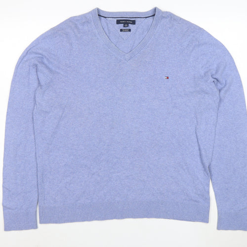 Tommy Hilfiger Men's Blue Cotton Cashmere V-Neck Jumper XL