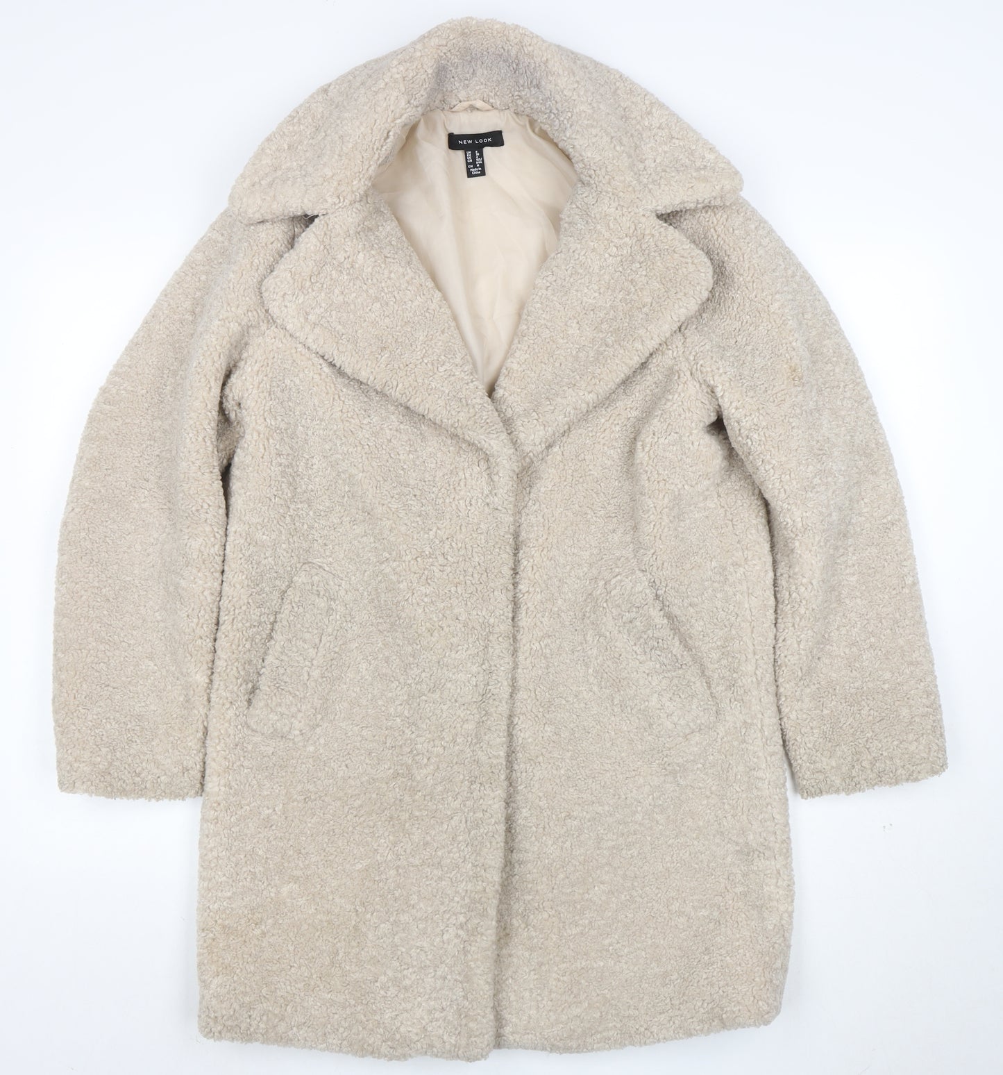 New Look Women’s Beige Teddy Coat UK 8 Mid-Length Fleece Overcoat