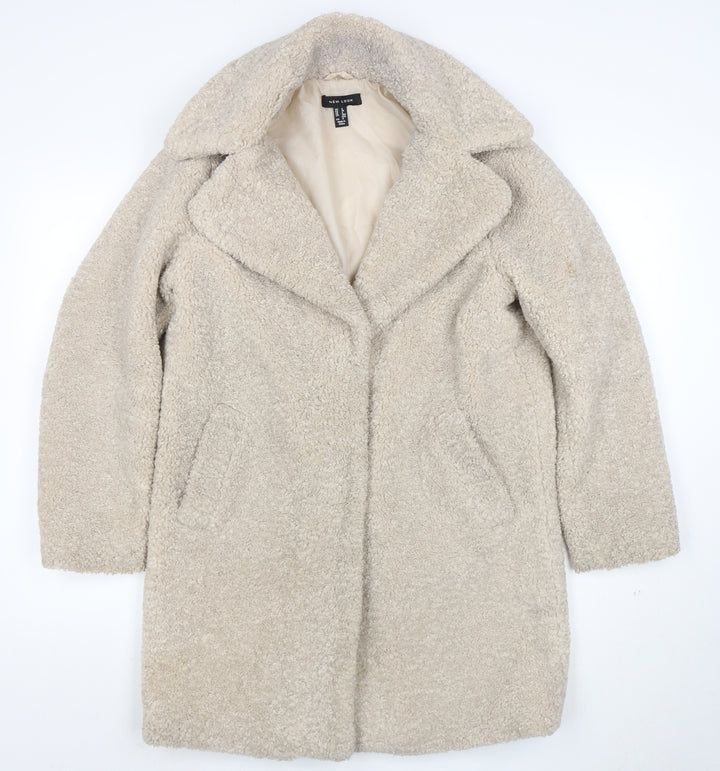 New Look Women’s Beige Teddy Coat UK 8 Mid-Length Fleece Overcoat