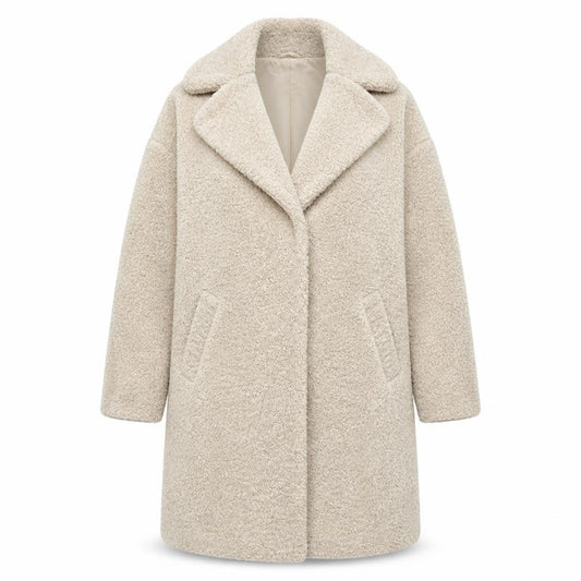 Front view of New Look Women’s Beige Teddy Coat UK 8 Mid-Length Fleece Overcoat