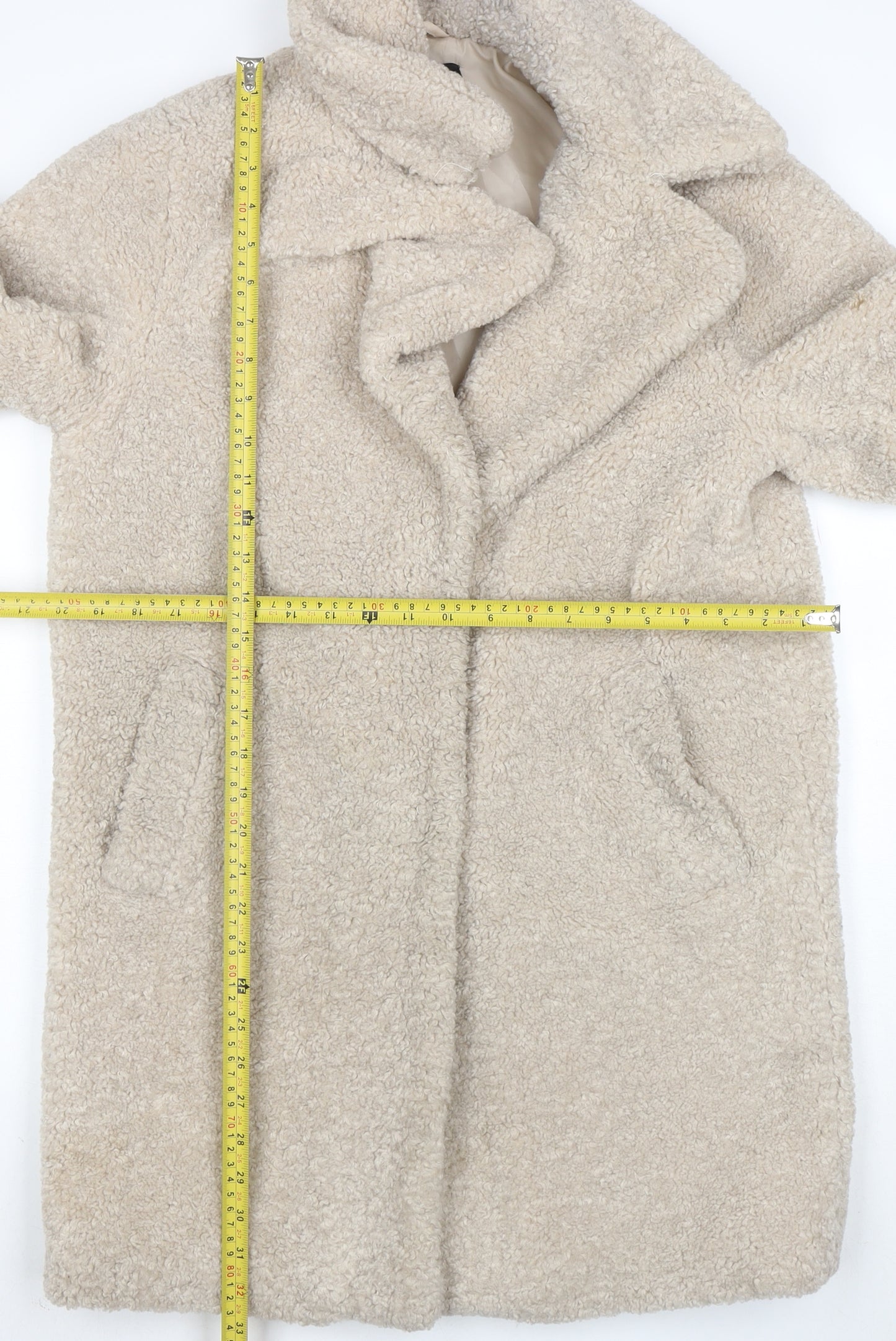 New Look Women’s Beige Teddy Coat UK 8 Mid-Length Fleece Overcoat