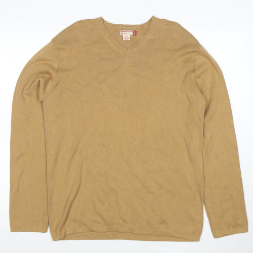 Guess Men Beige XXL V-Neck Cotton Pullover Jumper