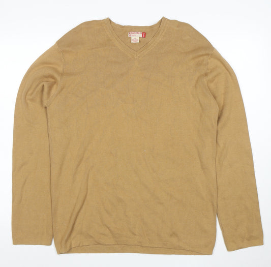 Guess Men Beige XXL V-Neck Cotton Pullover Jumper