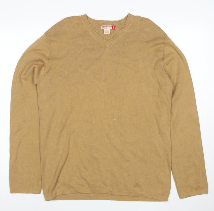 Guess Men Beige XXL V-Neck Cotton Pullover Jumper