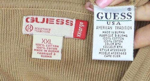 Guess Men Beige XXL V-Neck Cotton Pullover Jumper