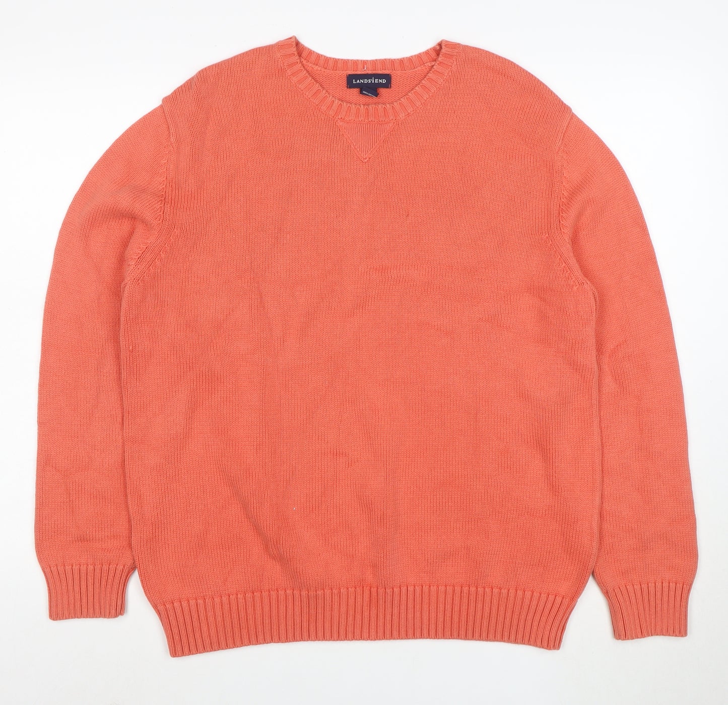 Lands' End Men's Orange Cotton Crew Neck Pullover Jumper L