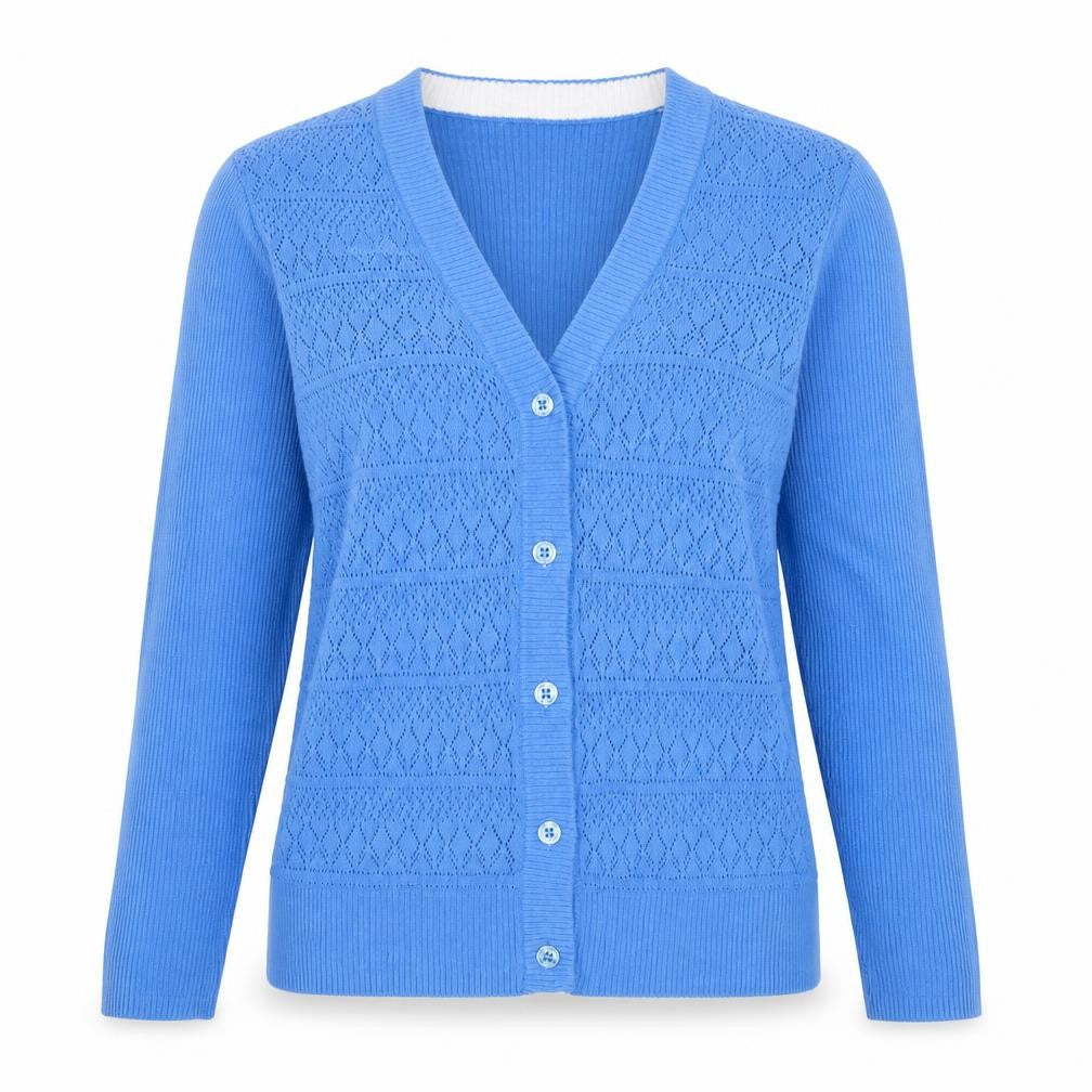 Front view of Van Heusen Women's Blue Knit V-Neck Button Cardigan, size M