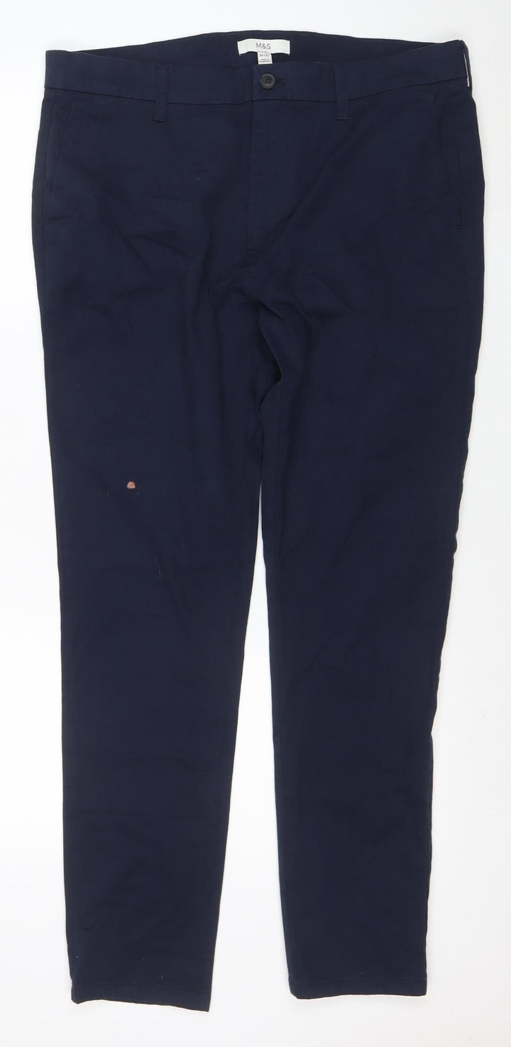 Marks and Spencer Men's Navy Blue Chino Trousers 36W 31L Cotton Blend