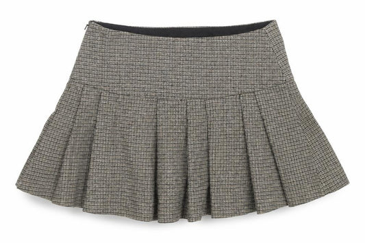 Front view of Mango Women's Brown Pleated Tweed Short Skirt, size M