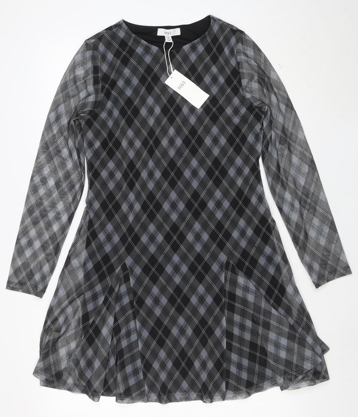 Marks and Spencer Womens Grey Check Shift Dress Size 14 Long Sleeve