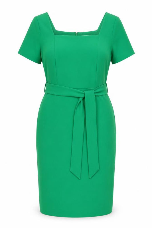 Front view of Warehouse Women Green Off Shoulder Sheath Knee Dress, size 12