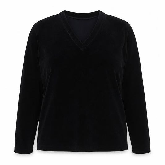Front view of Marks & Spencer Women’s Black Velvet V-Neck Long Sleeve Blouse, size UK 16