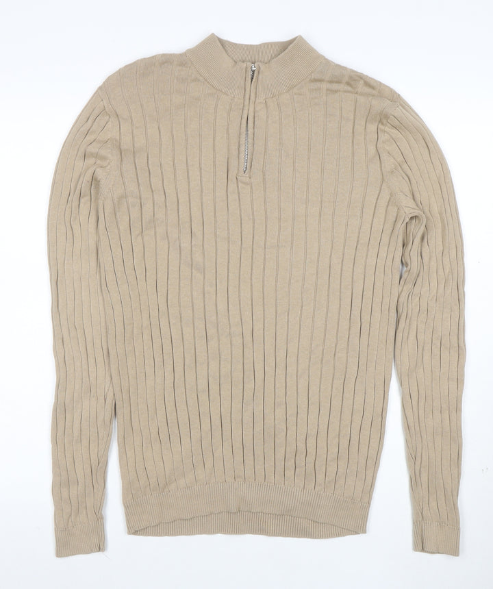 ASOS Men’s Beige Cotton Mock Neck 1/2 Zip Jumper M