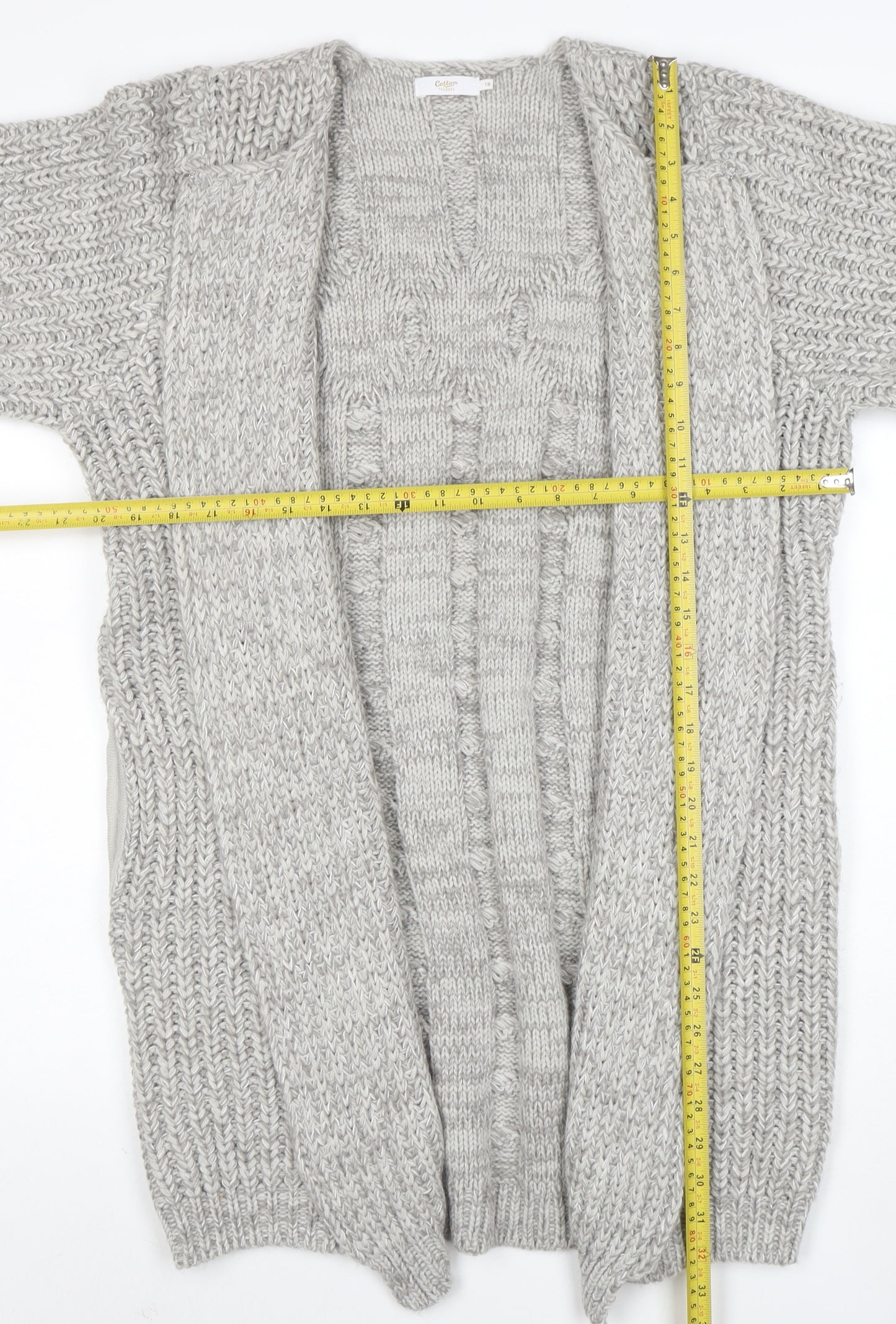 Cotton Traders Women’s Grey Marl Cable-Knit Longline Cardigan Size 16