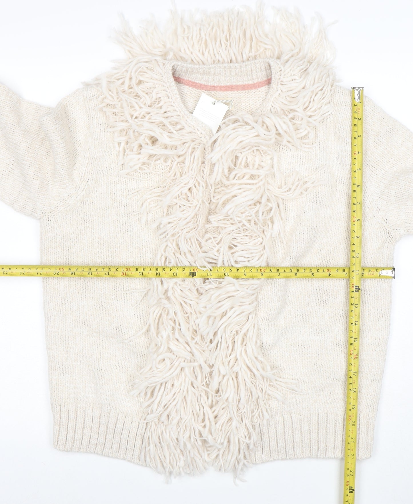 Joules Women Ivory Fringe Cardigan Size 16/18 Wool Blend Knit