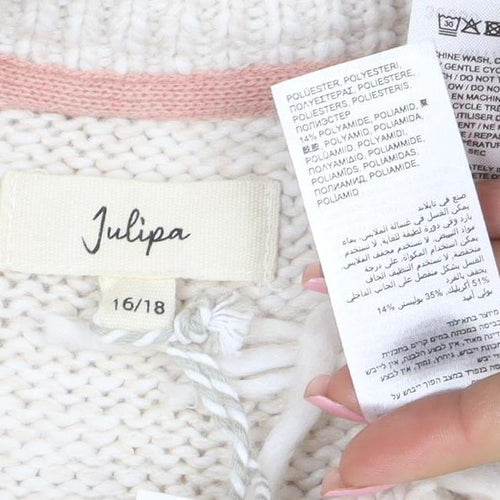 Joules Women Ivory Fringe Cardigan Size 16/18 Wool Blend Knit