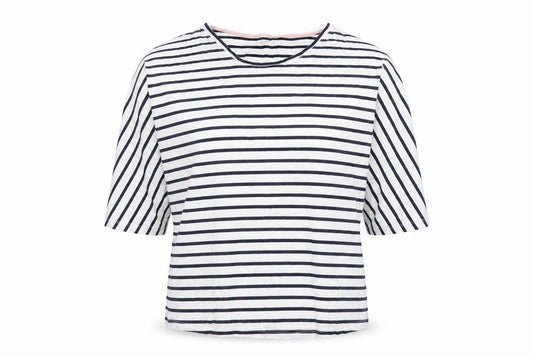 Front view of Boden Women’s Blue White Striped 3/4 Sleeve Cotton Modal T-Shirt UK 10