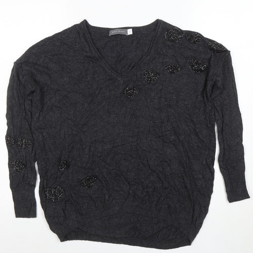 Mint Velvet Women's Grey Beaded V-Neck Pullover Jumper XS