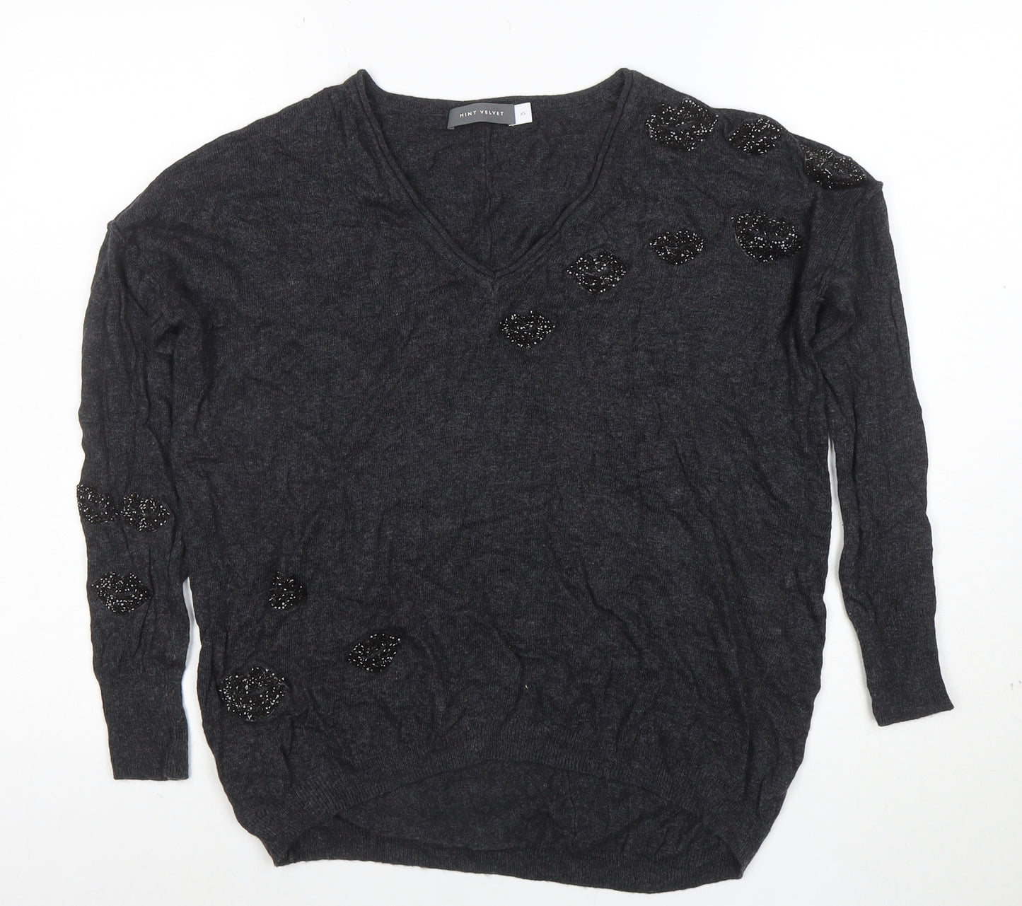 Mint Velvet Women's Grey Beaded V-Neck Pullover Jumper XS