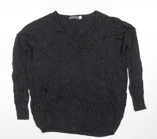 Mint Velvet Women's Grey Beaded V-Neck Pullover Jumper XS