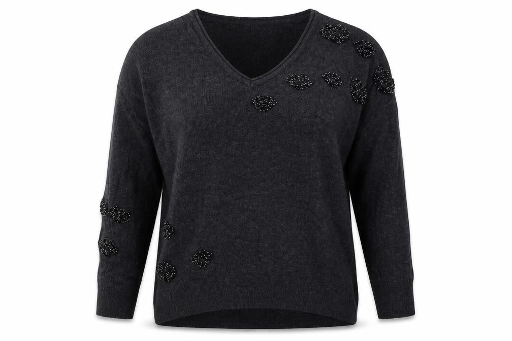 Front view of Mint Velvet Women's Grey Beaded V-Neck jumper XS