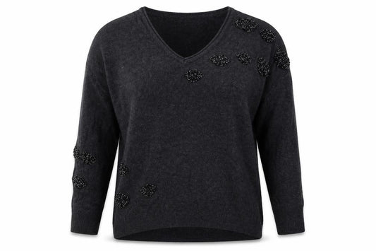 Front view of Mint Velvet Women's Grey Beaded V-Neck jumper XS