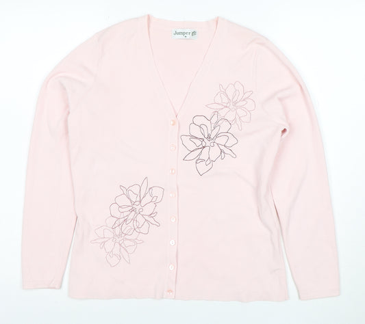 Jumper Women Pink Floral Embroidered V-Neck Cardigan M