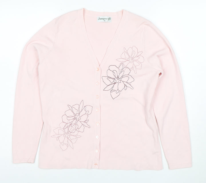 Jumper Women Pink Floral Embroidered V-Neck Cardigan M