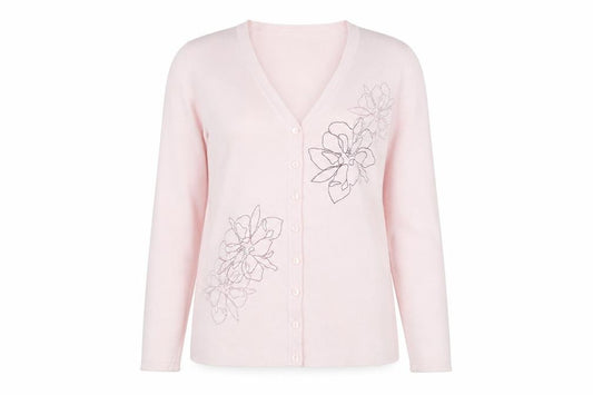 Front view of Jumper Women Pink Floral Embroidered V-Neck Cardigan M