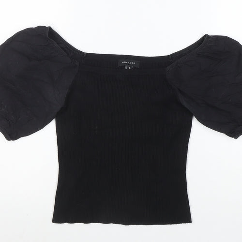 New Look Women's Black Puff Sleeve Cropped Jersey Blouse Size 10