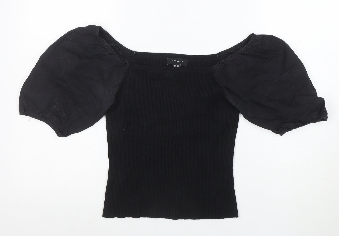 New Look Women's Black Puff Sleeve Cropped Jersey Blouse Size 10