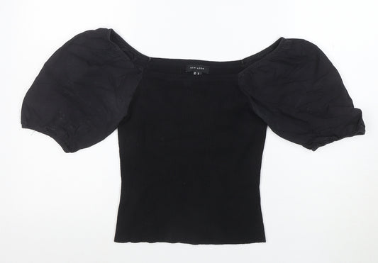 New Look Women's Black Puff Sleeve Cropped Jersey Blouse Size 10