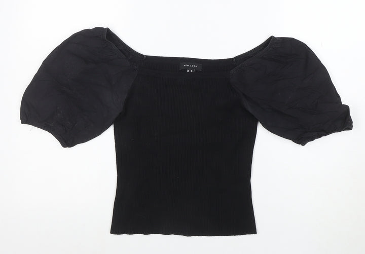 New Look Women's Black Puff Sleeve Cropped Jersey Blouse Size 10