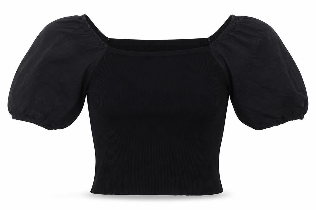 Front view of New Look Women's Black Puff Sleeve Cropped Jersey Blouse, size 10