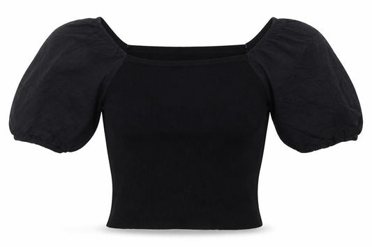 Front view of New Look Women's Black Puff Sleeve Cropped Jersey Blouse, size 10