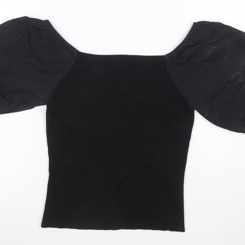 New Look Women's Black Puff Sleeve Cropped Jersey Blouse Size 10
