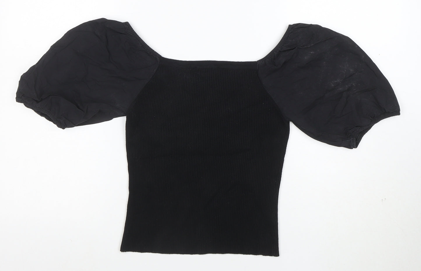 New Look Women's Black Puff Sleeve Cropped Jersey Blouse Size 10