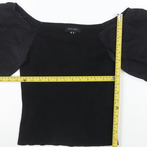 New Look Women's Black Puff Sleeve Cropped Jersey Blouse Size 10