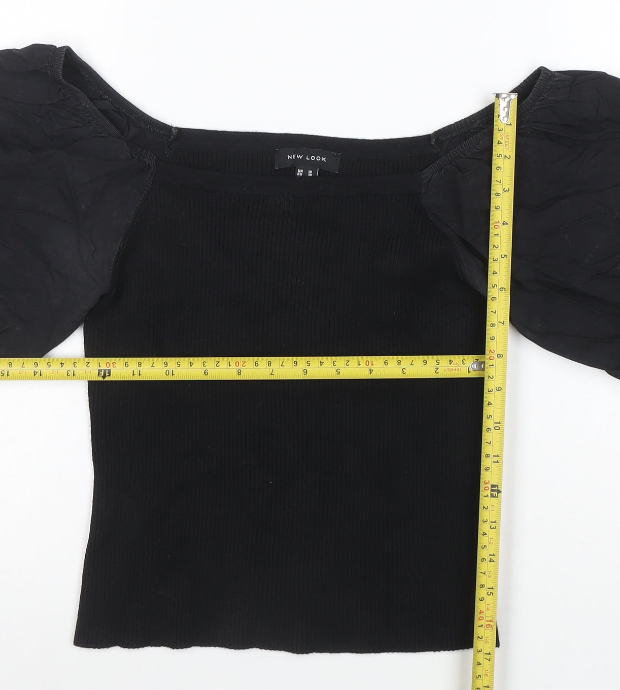 New Look Women's Black Puff Sleeve Cropped Jersey Blouse Size 10