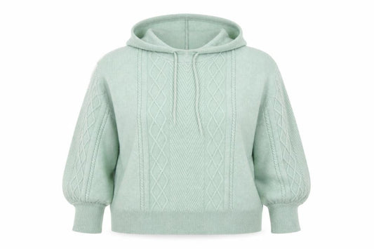 Front view of Oliver Bonas women’s green hooded cable-knit jumper, size UK 18