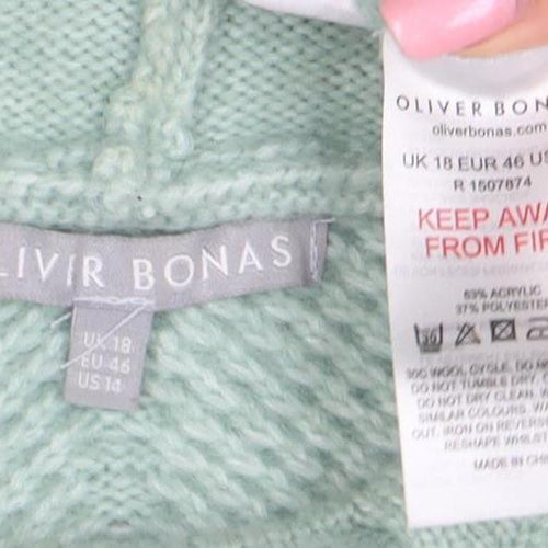 Oliver Bonas Womens Green Hooded Cable-Knit Jumper Size 18