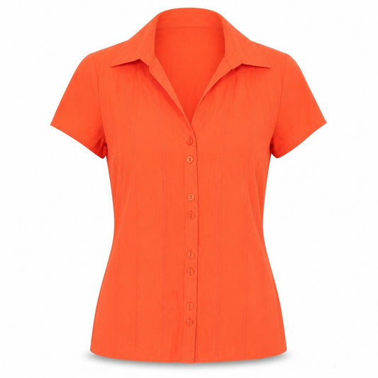 Front view of BHS Women’s Orange Short Sleeve Collared Button-Up Blouse, size UK 10