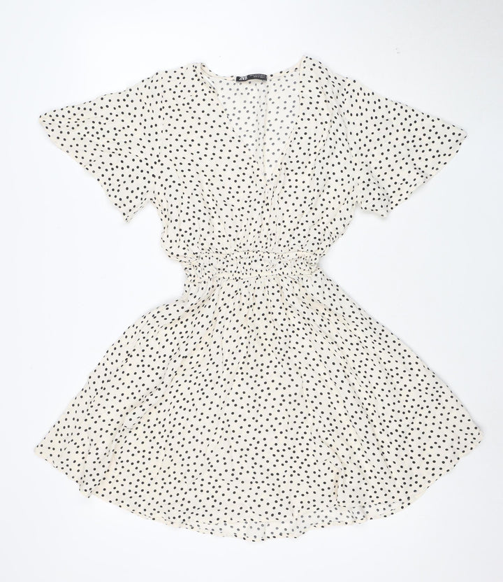 Zara Women's Ivory Polka Dot A-Line Ruffle Dress XS