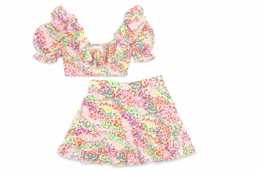 Front view of Quiz Women’s Multicoloured Ruffle A-Line Short Skirt Set UK 6/8