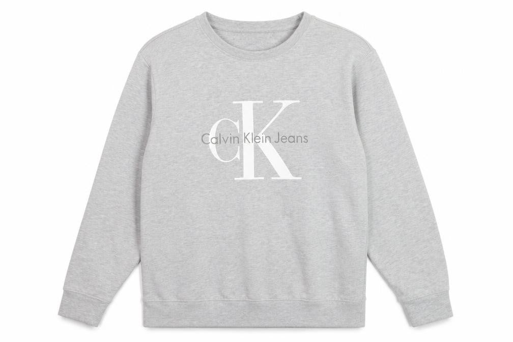 Front view of Calvin Klein Jeans Men's Grey Logo Pullover Sweatshirt, size S